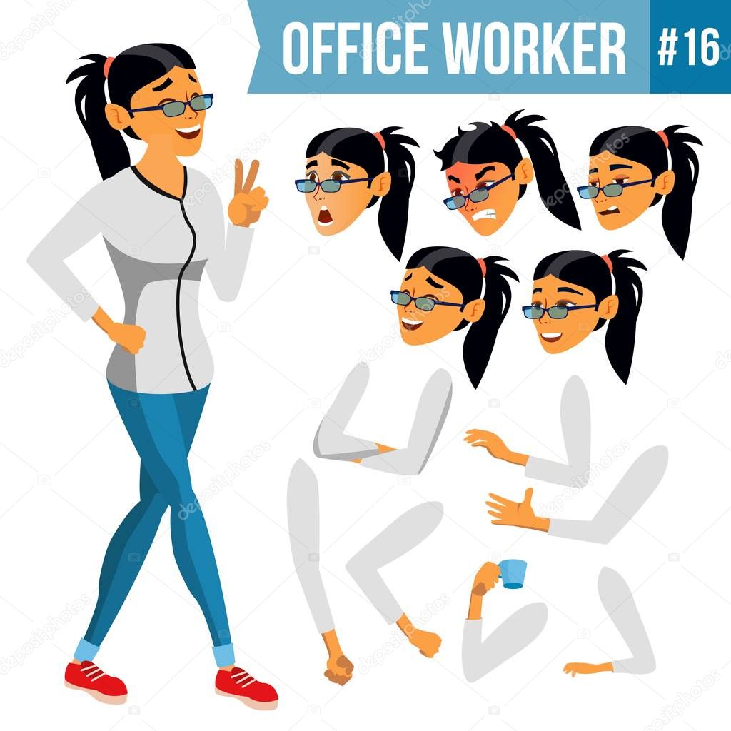 Office Worker Vector. Woman. Modern Employee, Laborer. Business Worker. Face Emotions, Various Gestures. Animation Creation Set. Isolated Cartoon Character Illustration