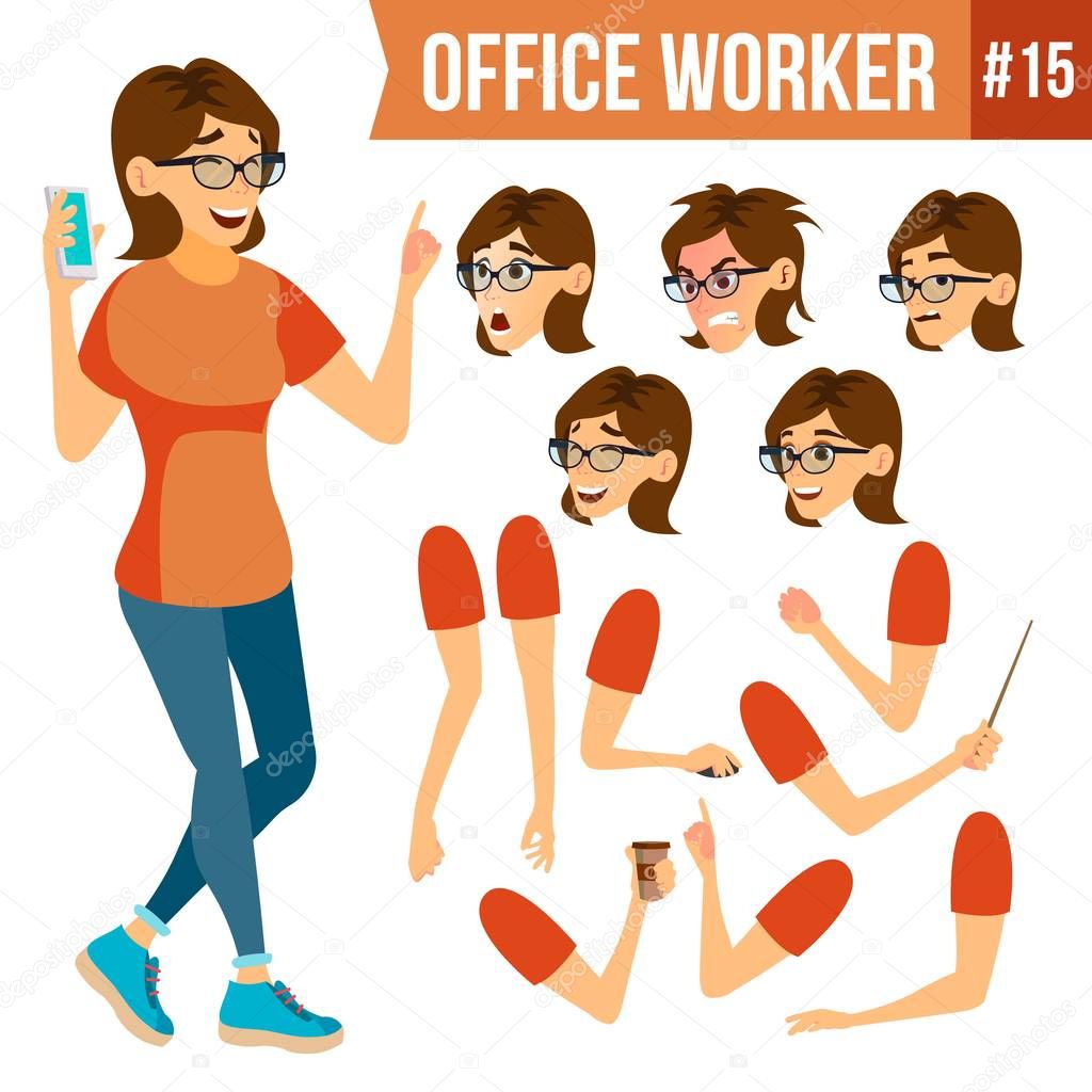 Office Worker Vector.Woman. Successful Officer, Clerk, Servant. Adult Business Woman. Face Emotions, Various Gestures. Animation Creation Set. Isolated Flat Cartoon Illustration