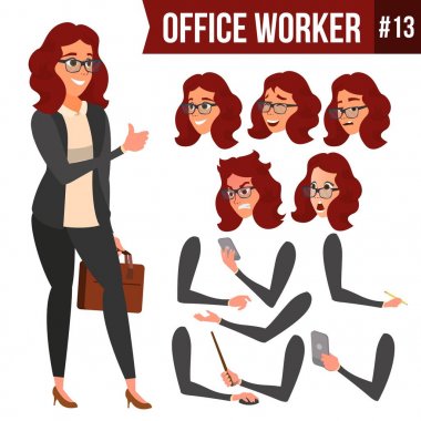 Office alt vektör. Kadın. Mutlu memur, hizmetli, işçi. İş kadın kişi. Bayan yüz duygular, çeşitli hareketler. Animasyon oluşturma küme. Düz karakter çizimi
