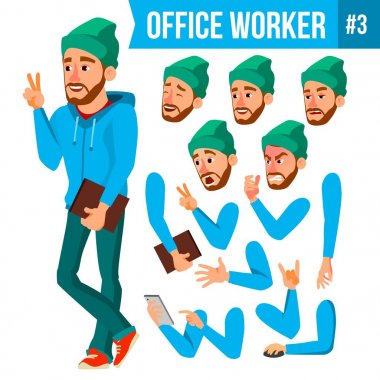 Office alt vektör. Duygular, çeşitli hareketler karşısında. Animasyon oluşturma küme. İşadamı kişi. Gülümseyen Executive, hizmetçi, işçi, memur bey. İzole karakter çizimi