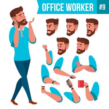 Office alt vektör. Duygular, çeşitli hareketler karşısında. Animasyon oluşturma küme. Yetişkin girişimci iş adam mutlu memur, hizmetli, işçi. Düz illüstrasyon izole