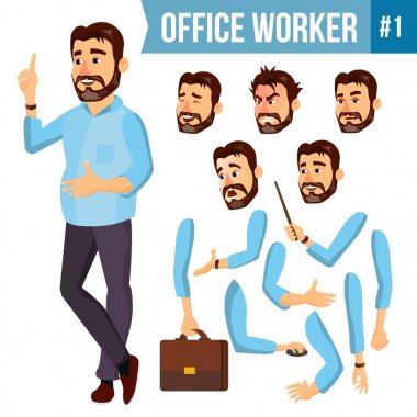 Office alt vektör. Duygular, çeşitli hareketler karşısında. Animasyon oluşturma küme. Kurumsal iş adamı erkek. Başarılı memur bey, memur, hizmetçi. İllüstrasyon izole karikatür