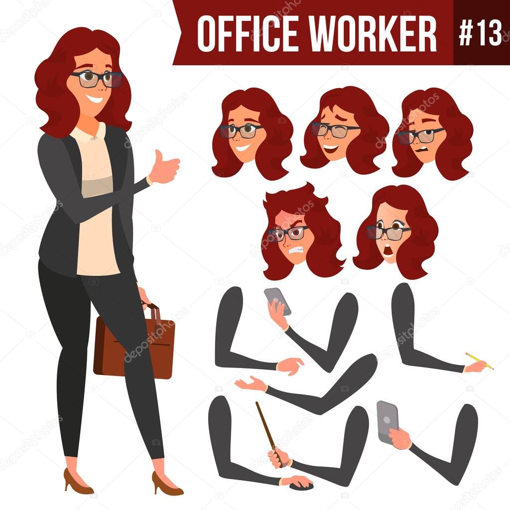 Office Worker Vector. Woman. Happy Clerk, Servant, Employee. Business Woman Person. Lady Face Emotions, Various Gestures. Animation Creation Set. Flat Character Illustration