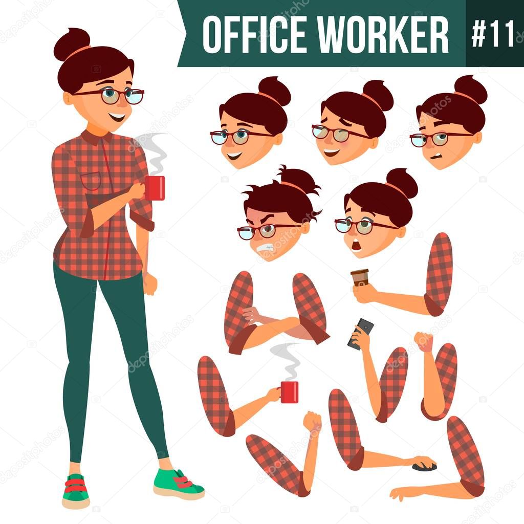 Office Worker Vector. Woman. Professional Officer, Clerk. Adult Business Female. Lady Face Emotions, Various Gestures. Animation Creation Set. Isolated Cartoon Illustration