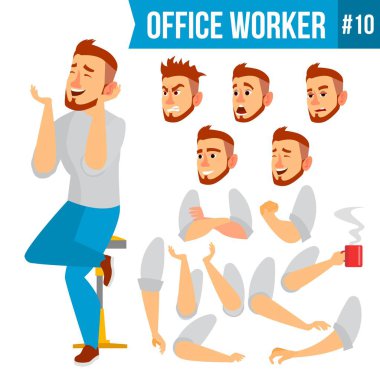 Office alt vektör. Duygular, çeşitli hareketler karşısında. Animasyon oluşturma küme. İş işçisi. Kariyer. Profesyonel işçi, memur, memur. Düz çizgi film illüstrasyon