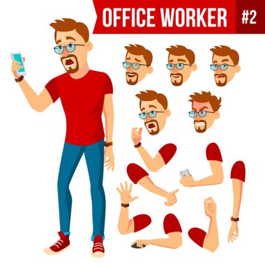 Office alt vektör. Duygular, çeşitli hareketler karşısında. Animasyon oluşturma küme. İşadamı insan. Modern dolap çalışan, işçi, işçi. Düz çizgi film karakteri illüstrasyon izole