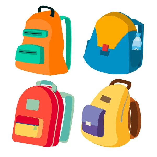 Schoolbag Set Vector. Closed Backpacks Side View. Colored School Modern Backpacks. Isolated Flat Cartoon Illustration — Stock Vector
