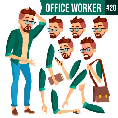 Office alt vektör. Duygular, hareketleri karşısında. Animasyon ayarlayın. İş adam profesyonel kabin işçi, memur, memur. İzole karikatür karakter çizimi