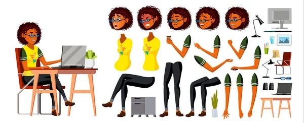 Femme d'affaires noire africaine personnage vecteur. Une Américaine qui travaille. Personnages noirs africains d'affaires travaillant au bureau. Ensemble d'animation. Mademoiselle. Illustration de bande dessinée — Image vectorielle