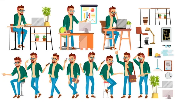 Business Man Character Vector. Hipster Working People Set. Office, Creative Studio. Worker. Full Length. Programmer, Designer, Manager. Poses, Face Emotions. Cartoon Business Character Illustration — Stock Vector