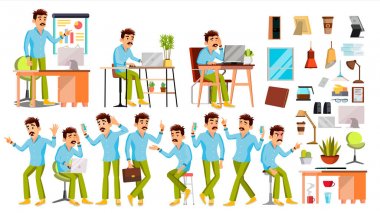 İş adam karakter vektör. Çalışma insanlar kümesi. Office, yaratıcı stüdyo. İşçi. Tam uzunlukta. Programcı, tasarımcı, Yöneticisi. Pozlar, yüz duygular. Çizgi film iş karakter çizimi