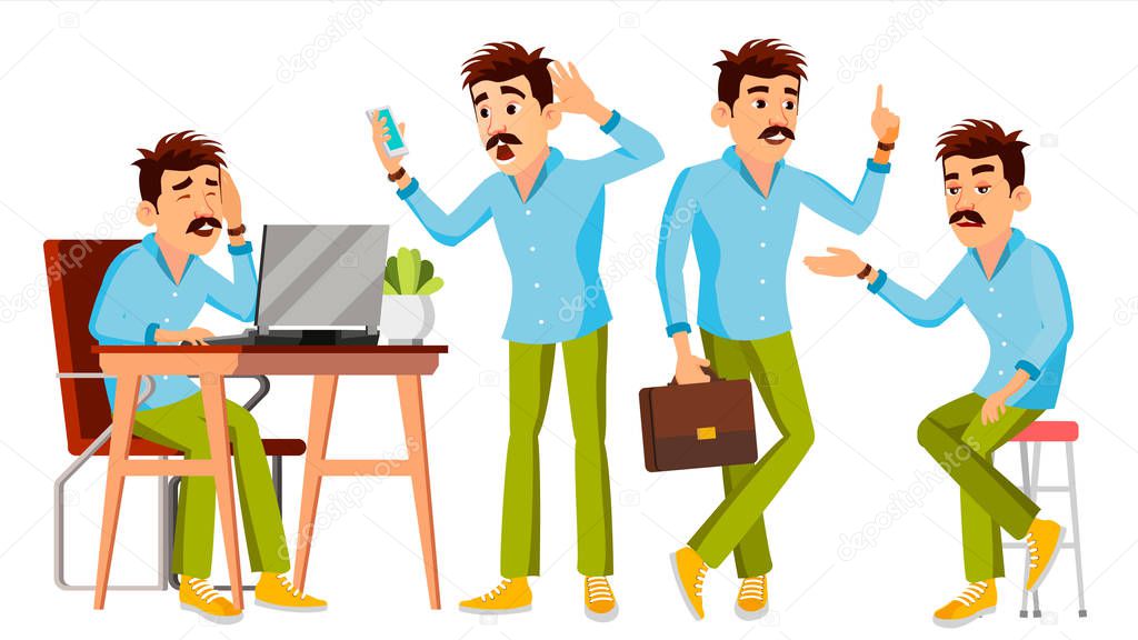 Business Man Character Vector. Working Man. Environment Process Creative Studio. Male Worker. Full Length. Designer, Manager. Poses, Face Emotions, Gestures. Cartoon Business Illustration