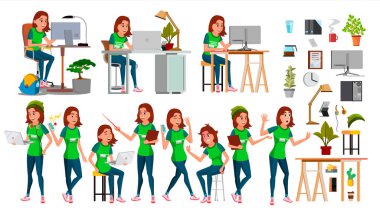 Genç iş kadını Set karakter vektör. Eylem. Bu başlangıç iş şirket. Çevre süreci. Teen. Karikatür Çizim