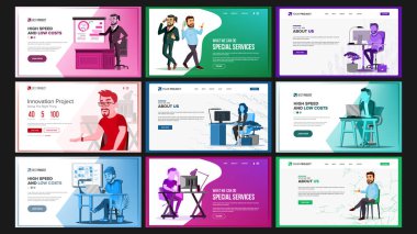Web sitesi tasarım şablonu Set vektör. İş açılış. Bu teknoloji. Modern Online Hizmetleri mimarisi. Açılış sayfası, Web, Site. Karikatür kişi. Yaratıcı proje. En iyi duruma getirme ilerleme. İllüstrasyon
