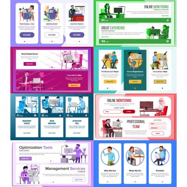 Web sitesi Banner vektör ayarlayın. Yatay, dikey. Çevrimiçi teknik destek. İş arabirimi. Duyarlı Ux tasarım. Onboarding ekran. Çizgi film ekibi. İllüstrasyon