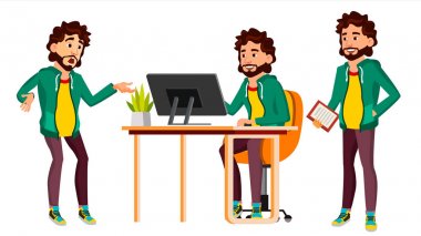 Office alt vektör. Eylem. İşadamı işçisi. Mutlu iş. Ortak, memur, hizmetli, çalışan. Düz çizgi film illüstrasyon izole