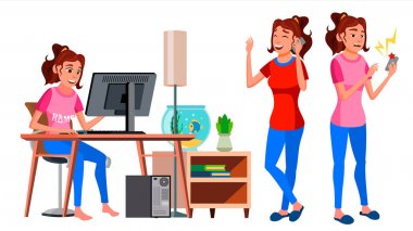 Freelancer çalışan vektör. Kadın. Başarılı memur bey, memur, hizmetçi. Yetişkin kadın. Evde çalışan. Duygular, çeşitli hareketler karşısında. Düz çizgi film illüstrasyon izole