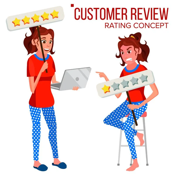 Customer Review Vector. Happy And Unhappy Woman. Review Rating. Testimonials Messages. Store Quality Work. Isolated Flat Cartoon Character Illustration — Stock Vector