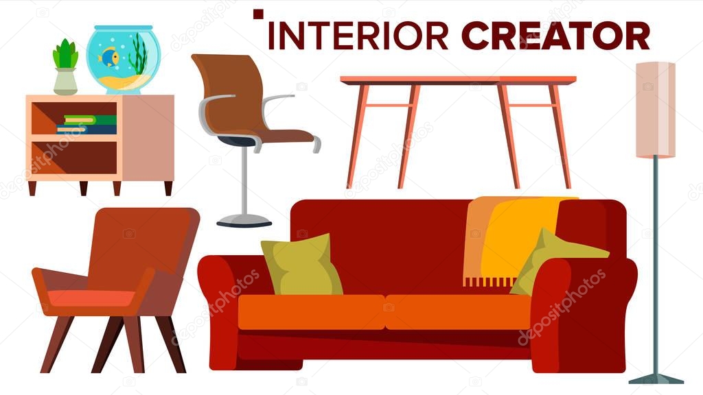 Furniture Creator Vector. Living Room. Modern Chair Objects. Sofa, Armchair, Lamp, Table, Bedside Table. Isolated Flat Cartoon Illustration