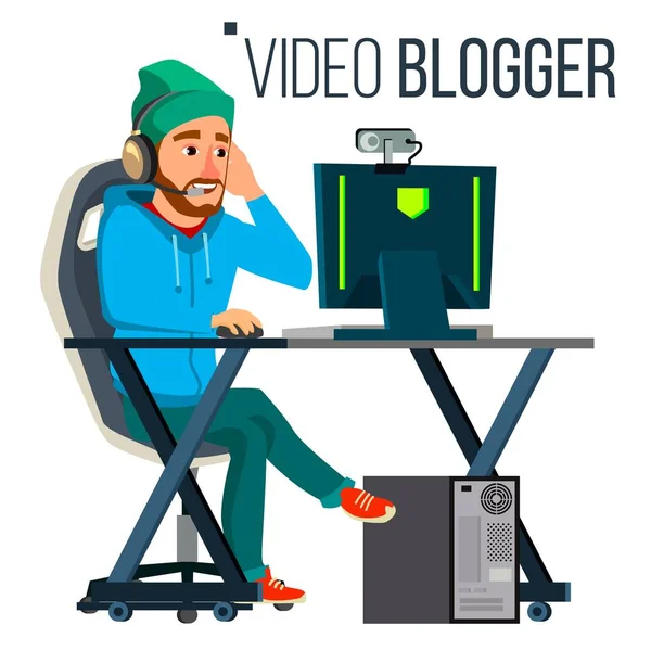 Homem Vídeo Blogger Vector. Banner de fluxo de jogos. Concept blogging. Transmissão de vídeo. Jogo de estratégia de vídeo. Ilustração vetorial plana —  Vetores de Stock