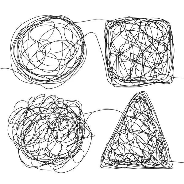 Tangle Scrawl Sketch Set Vector. Desenho de doodle Desenho Triângulo, Quadrado, Círculo. A resolver problemas. Representa Haywire. Forma de Scribble abstrato. Ilustração — Vetor de Stock