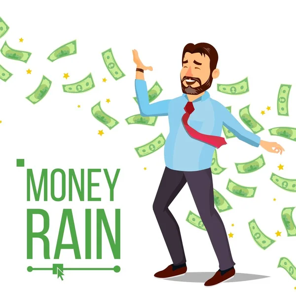 Dollar Rain Businessman Vector. Gerente e sob chuva de dinheiro. Chuveiro de dinheiro. Ilustração de Personagem de Desenhos Animados Planos Isolados —  Vetores de Stock