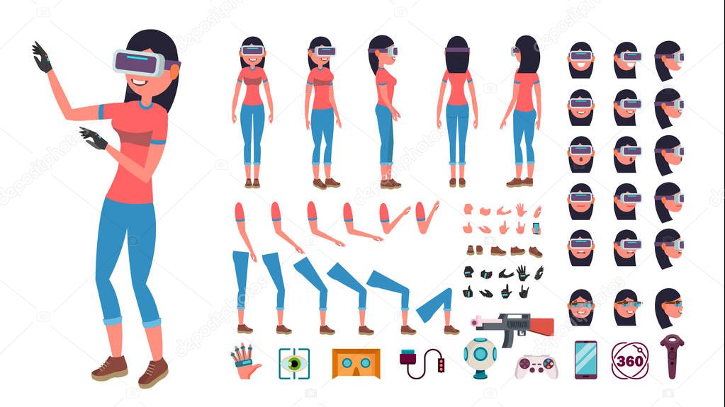 Woman In Virtual Reality Headset Vector. Animated Character Creation Set. 3D VR Glasses. Full Length, Front, Side, Back View, Accessories, Poses, Emotions, Gestures. Virtual Reality Flat Illustration