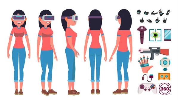 Mulher em óculos de realidade virtual Vector. Conceito do ciberespaço. Óculos VR 3D. Poses. Ilustração plana —  Vetores de Stock