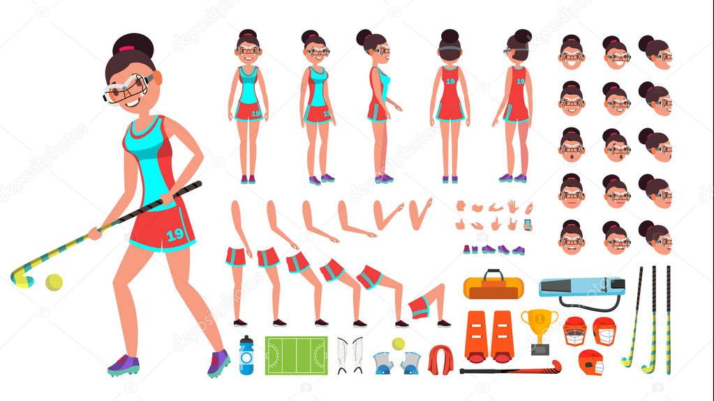 Field Hockey Player Female Vector. Animated Character Creation Set. Full Length, Front, Side, Back View, Accessories, Poses, Face Emotions, Gestures. Isolated Flat Cartoon Illustration