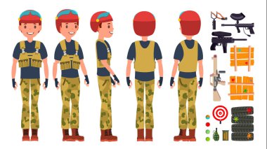 Paintball oyuncu vektör. Profesyonel oyuncu. Parlak sıçraması. Üniforma. Yarışmalar. Paintball silahı. Adam Paintball oyuncu. Düz çizgi film illüstrasyon