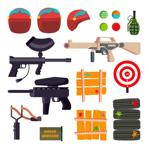 Paintball ikoner Set vektor. Paintball spel tillbehör. Vapen, Pistol, hjälm, granat, skydd, färg. Isolerad platta tecknad Illustration — Stock vektor