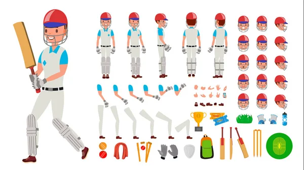 Вектор игрока в крикет. Спортивный игрок в крикет. Набор анимационных персонажей для крикета. Полная длина, передняя, боковая, вид сзади, оснащение, фары, фары, фары. Изолированная плоская иллюстрация — стоковый вектор