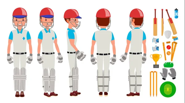 プロのクリケット選手のベクトル。設備の整った選手。パッド、バット、ヘルメット。白い漫画キャラ イラストに分離 — ストックベクタ