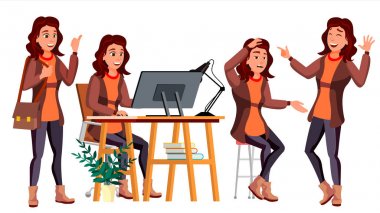 Office alt vektör. Kadın. Modern İşçi, işçi. Bir iş kadını. Duygular, çeşitli hareketler karşısında. Düz çizgi film illüstrasyon