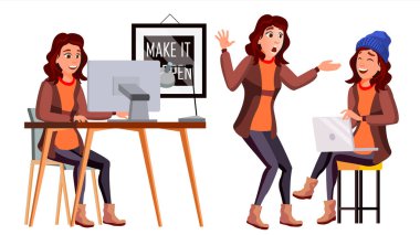 Office alt vektör. Kadın. Gülümseyen hizmetli, memur bey. İş kişi. Duygular, çeşitli hareketler karşısında. Düz çizgi film illüstrasyon