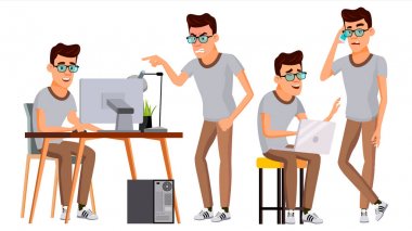 Office alt vektör. Duygular, hareketleri karşısında. Ayarlayın. İş adam profesyonel kabin işçi, memur, memur. İzole karikatür karakter çizimi