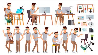 Office alt vektör. Duygular, çeşitli hareketler karşısında. İş insan. Gülümseyen Yöneticisi, hizmetçi, işçi, memur bey. Düz karakter çizimi