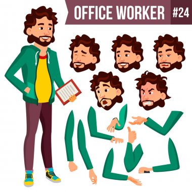 Office alt vektör. Animasyon oluşturma küme. Yetişkin bir erkek. Başarılı şirket yöneticisi, katip, hizmetçi. Düz karakter illüstrasyon izole