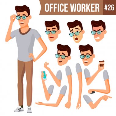 Office alt vektör. Animasyon oluşturma küme. İşadamı işçisi. Mutlu iş. Ortak, memur, hizmetli, çalışan. Düz çizgi film illüstrasyon izole