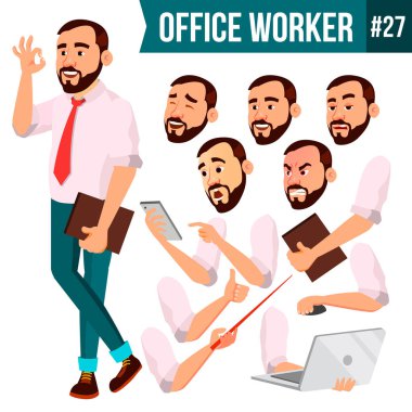 Office alt vektör. Duygular, çeşitli hareketler karşısında. İş insan. Gülümseyen Yöneticisi, hizmetçi, işçi, memur bey. Düz karakter çizimi