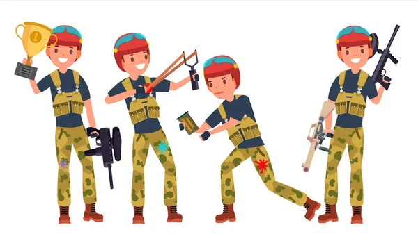 Paintball speler Vector. Schieten, waarop wordt uitgevoerd. Teamgenoten In verschillende Poses. Pistool. Slag bij Sport competities. Cartoon karakter illustratie — Stockvector