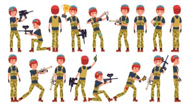 Paintball oyuncu vektör. Profesyonel oyuncu. Parlak sıçraması. Üniforma. Yarışmalar. Paintball silahı. Adam Paintball oyuncu. Düz çizgi film illüstrasyon