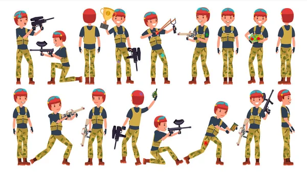 Paintball Player Vector. Joueur professionnel. Des éclaboussures lumineuses. Uniforme. Compétitions. Une arme de paintball. Homme joueur de paintball. Illustration de dessin animé plat — Image vectorielle