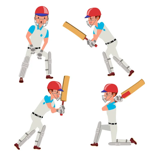 Jugador de críquet Vector masculino. Personajes del equipo de cricket. Ilustración plana de dibujos animados — Vector de stock