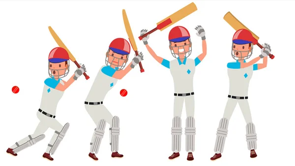 Jugador de críquet Vector. En acción. Carácter del equipo de cricket. Poses. Ilustración plana de dibujos animados — Vector de stock