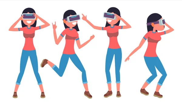 Woman In Virtual Reality Glasses Vector. Poses. Console moderne. Technologie futuriste. Illustration plate — Image vectorielle