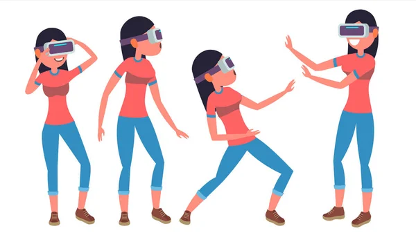 Woman In Virtual Reality Glasses Vector. Poses. Jeu 360. Illustration plate — Image vectorielle