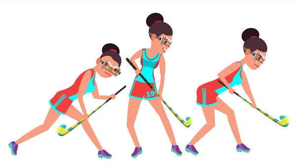 Hockey sobre hierba Jugadora femenina Vector. Bola de goteo. En acción. Poses. Mujer s Grass Hockey Match. Ilustración de personajes de dibujos animados — Vector de stock