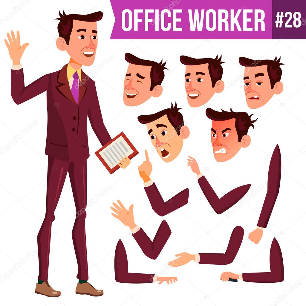 Office Worker Vector. Face Emotions, Various Gestures. Businessman Person. Smiling Executive, Servant, Workman, Officer. Isolated Character Illustration