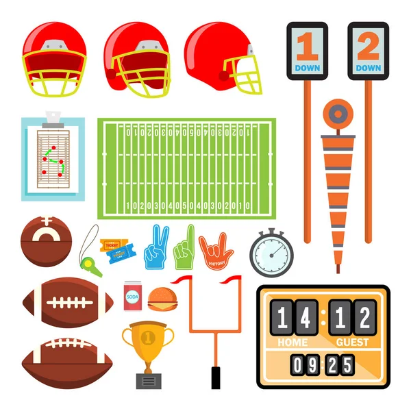 Иконы американского футбола задают вектор. Американские футбольные аксессуары. Шлем, мяч, кубок, поле. Изолированный плоский мультфильм — стоковый вектор